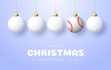 baseball Merry Christmas and Happy New Year Sport greeting card. baseball ball as a Christmas ball on blue background. Vector illustration.