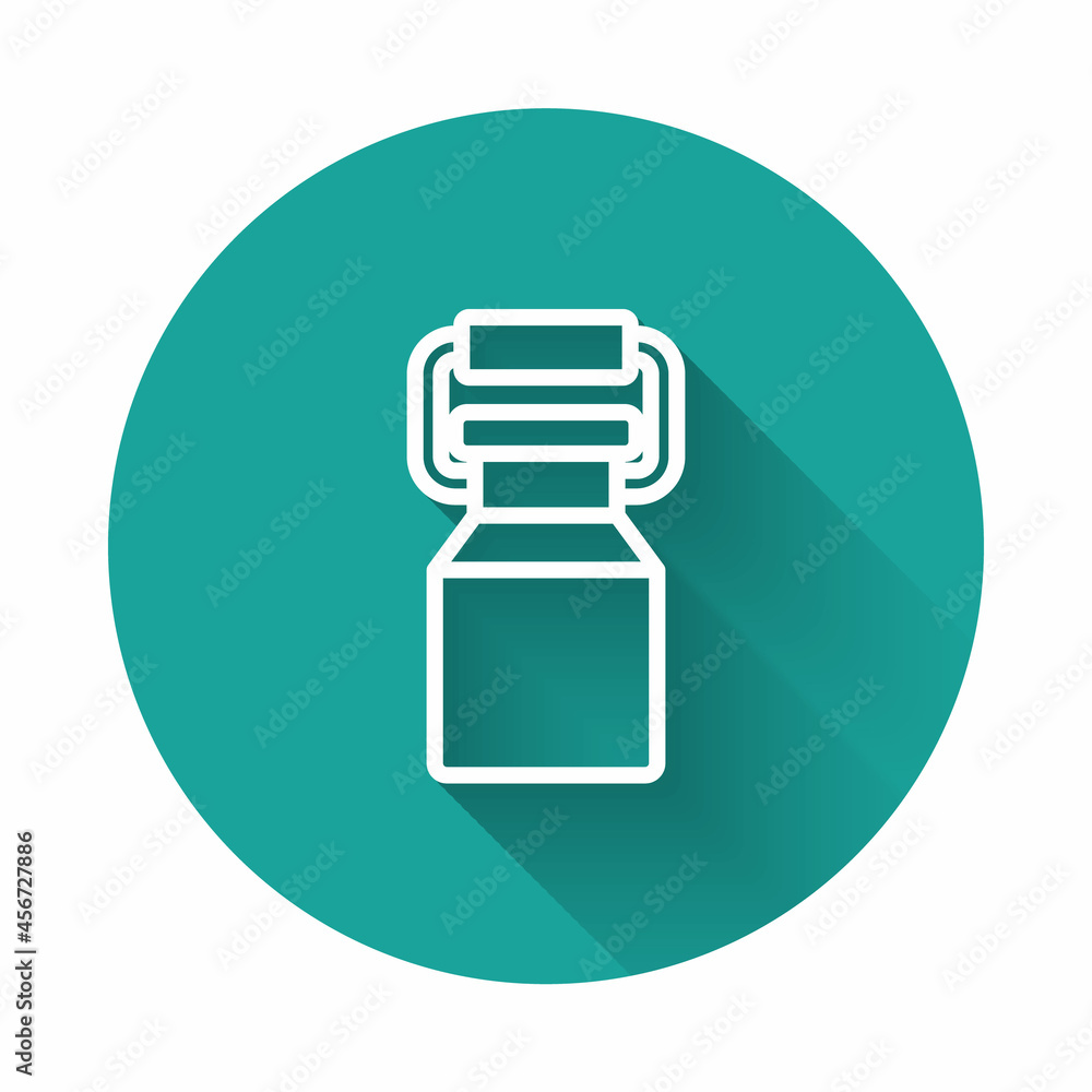 Poster white line can container for milk icon isolated with long shadow. green circle button. vector
