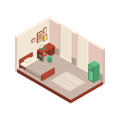 Vector isometric low poly cozy bed room with various furniture.