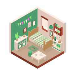 Vector isometric low poly cozy bedroom with various furniture.