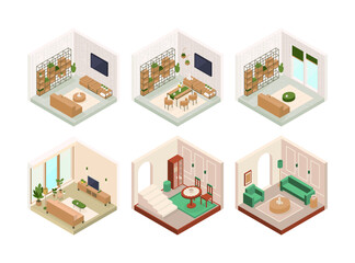 Set of vector isometric low poly cozy rooms with various furniture.