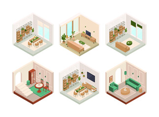 Set of vector isometric low poly cozy rooms with various furniture.