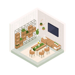 Vector isometric low poly cozy living room with various furniture. © dot_studio