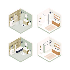 Set of vector isometric low poly cozy bathroom with various furniture.