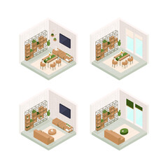 Naklejka premium Set of vector isometric low poly cozy rooms with various furniture.