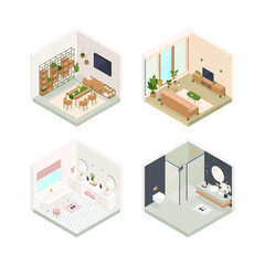 Set of vector isometric low poly cozy rooms with various furniture.