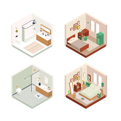 Set of vector isometric low poly cozy rooms with various furniture.