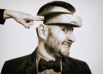 She drives me crazy. Creative funny portrait of a crazy man. Madness concept. Mental health.
