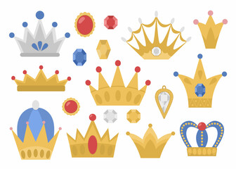 Fairy tale crowns collection. Vector set of fantasy king or queen accessories. Sovereign authority symbols. Medieval fairytale royal jewelry icons. Cartoon magic objects.