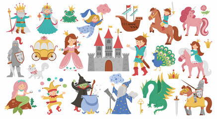 Fairy tale characters and objects collection. Big vector set of fantasy princess, king, queen, witch, knight, unicorn, dragon. Medieval fairytale castle pack. Cartoon magic icons with frog prince - obrazy, fototapety, plakaty