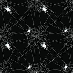 White spiders on the web. Black background. Halloween print. Seamless pattern, vector illustration