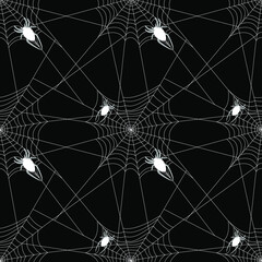 White spiders on the web. Black background. Halloween print. Seamless pattern, vector illustration