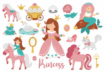 Fairy tale princess collection. Big vector set of fantasy girl, carriage, mermaid, unicorn frog prince, swan. Medieval fairytale maid pack. Girlish cartoon magic icons with cute characters © Lexi Claus
