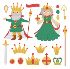 Obraz premium Fairy tale queen and king collection. Vector set of fantasy monarchs with crowns, sward, sovereign authority symbols. Medieval fairytale prince pack. Cartoon magic icons with cute characters.