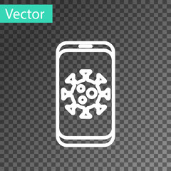 White line Virus statistics on mobile icon isolated on transparent background. Corona virus 2019-nCoV. Bacteria and germs, cell cancer, microbe, fungi. Vector.