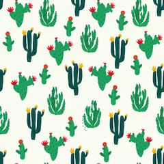 Seamless natural pattern, cactus, flowers, sand, white background, mexican style, wallpaper, textile design, green and yellow, vector illustration