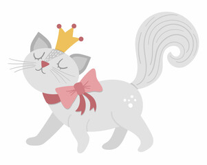 Fairy tale vector cat princess. Fantasy animal in crown isolated on white background. Fairytale character. Cartoon magic icon.