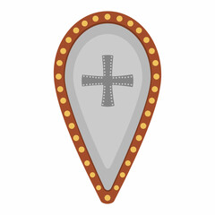 Vector shield icon. Fairy tale knight armor with royal power symbols. Fairytale soldier sword. Cartoon medieval weapon illustration..