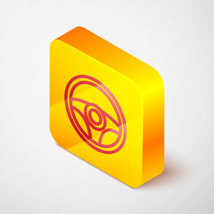 Isometric line Steering wheel icon isolated on grey background. Car wheel icon. Yellow square button. Vector