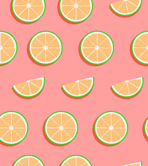 Seamless Pattern with Bright Citrus Slices on a Pink Colored Background. Fresh Lemonade Concept. Modern Abstract Design for Packaging, Print for Clothes, Fabric.