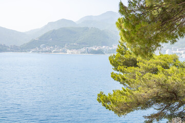 Naklejka premium Landscape with blue sea and green mountains against the background of a clear sky. Panoramic beautiful view over the sunny city. Balkans on a wonderful summer day.