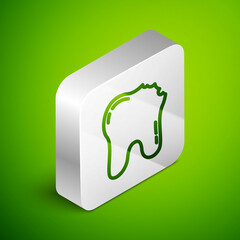 Isometric line Broken tooth icon isolated on green background. Dental problem icon. Dental care symbol. Silver square button. Vector