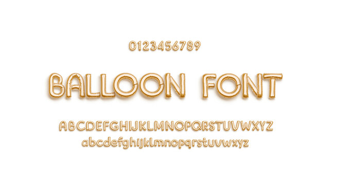 Inflated gold foil balloon font with alphabet and numbers, isolated