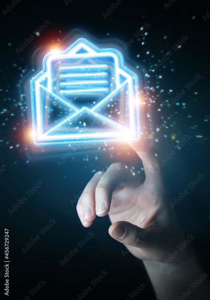 Aufkleber Man hand using digital email blue holographic interface 3D rendering