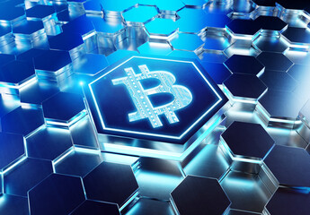 Obraz premium Bitcoin icon creativity concept engraved on metal hexagonal pedestral background. Crypto currency symbol glowing on abstract digital surface. 3d rendering