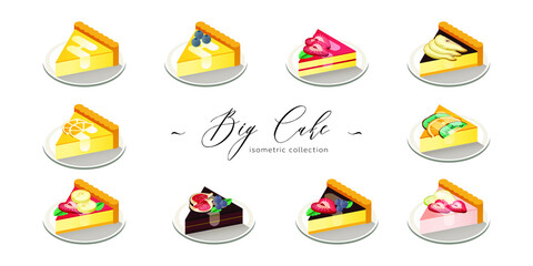 Vector Illustration Big Set of Isometric Pieces of Cakes with Sliced Fruits Isolated on White Background. Colorful. Cafe, Restaurant Menu Design Concept.