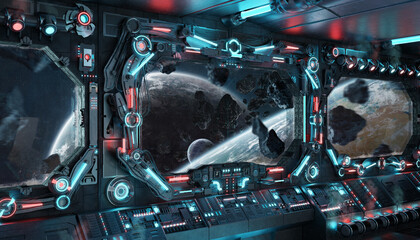 Dark spaceship interior with glowing blue and red lights. Futuristic spacecraft with large window view on planets in space. 3D rendering