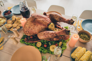 Photo of big fried tasty chicken lying thanks giving table ready for friendly family meeting...