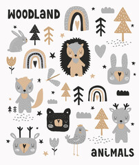 Funny Print with Forest Animals. Lovely Hand Drawn Woodland Party Vector Illustration ideal for Card, Wall Art, Poster. Cute Fox, Bear, Deer, Bunny, Hedgehog, Bird and Rainbows on a White Background. 