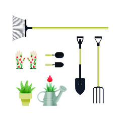 Gardening Tools. Modern Flat Vector Illustration. Shovel, Pitchfork, Garden Trowel, Rake, Garden Gloves, Growing Plant in Pot and in Watering Can. Social Media Template.