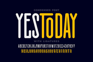 Modern condensed style font with ligatures alphabet letters and numbers vector illustration