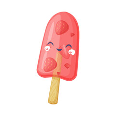 Funny Ice Cream on Stick with Happy Smiling Face Vector Illustration