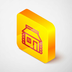 Isometric line Old Ukrainian house hut icon isolated on grey background. Traditional village house. Yellow square button. Vector
