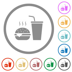Fast food menu with cheeseburger and drink solid flat icons with outlines