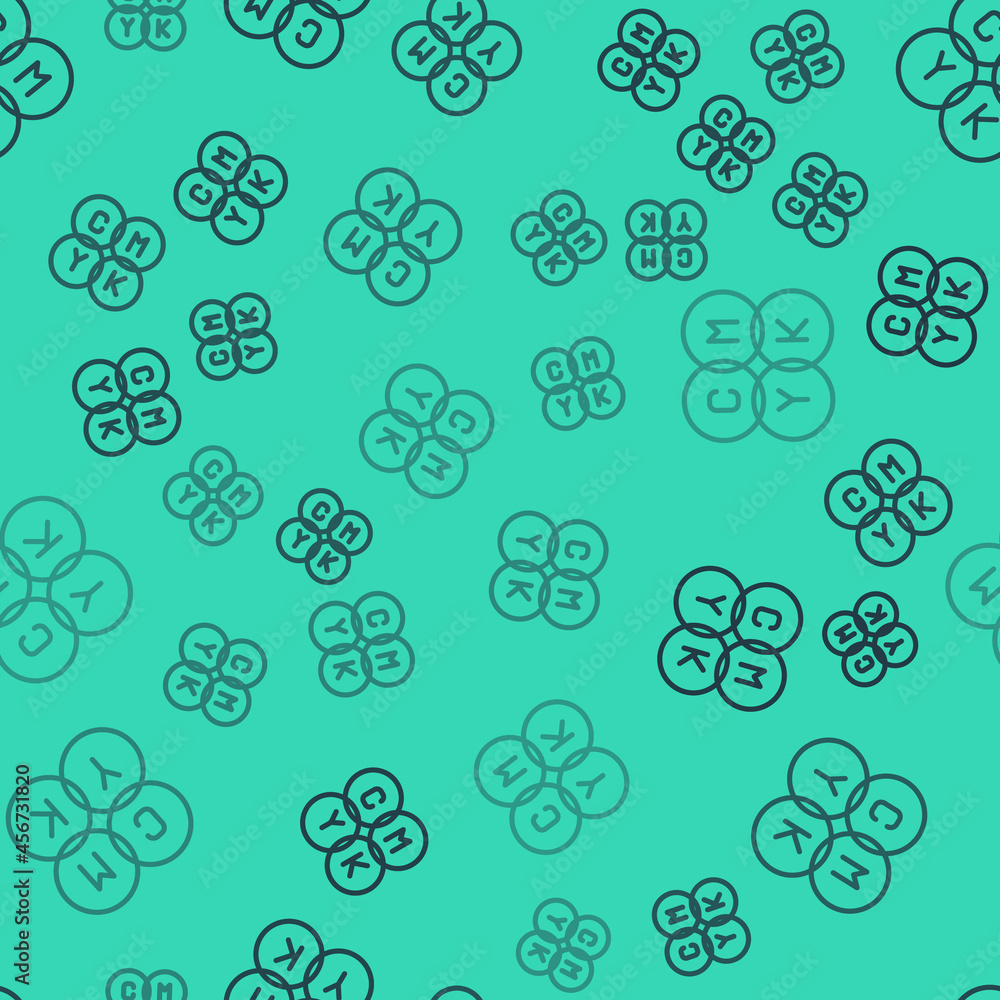 Poster black line cmyk color mixing icon isolated seamless pattern on green background. vector