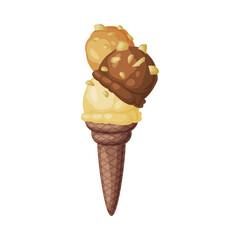 Chocolate and Caramel Ice Cream in Waffle Cone with Nut Sprinkle as Frozen Dessert and Sweet Snack Vector Illustration