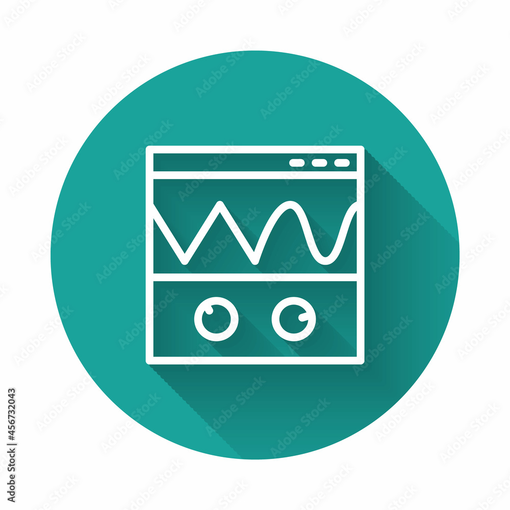 Poster white line oscilloscope measurement signal wave icon isolated with long shadow. green circle button.