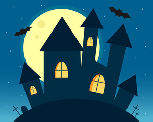 Halloween castle at night with graves and bats