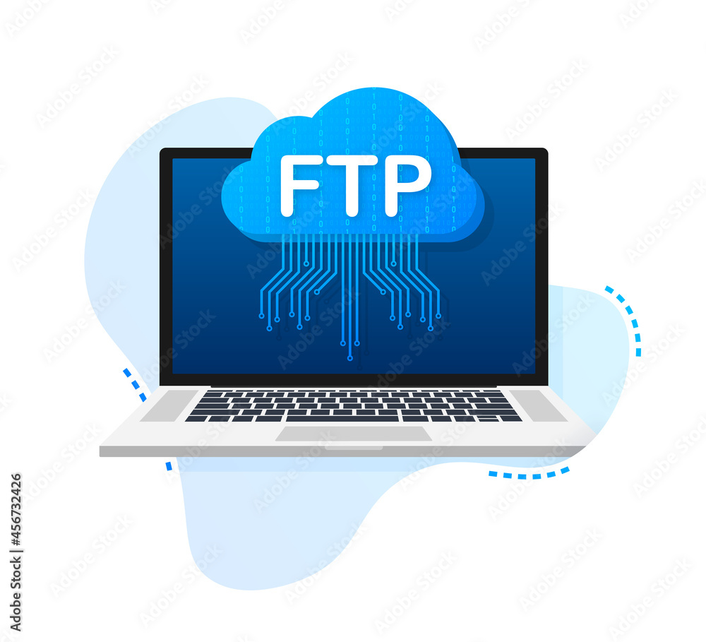Poster ftp file transfer icon on laptop. ftp technology icon. transfer data to server. vector illustration.