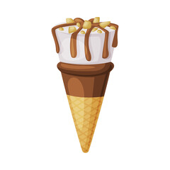 Ice Cream in Waffle Cone with Chocolate and Nut Topping as Frozen Dessert and Sweet Snack Vector Illustration