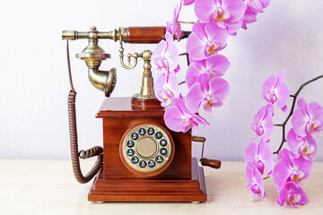 Elegant ancient telephone in shiny wooden case on table and branches of fresh bright pink orchid...
