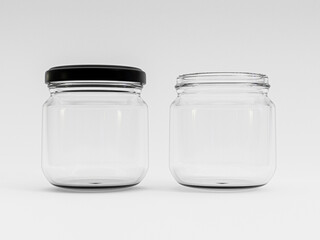 Isolate of transparent glass open and closed jar with black cover on white background by 3d rendering.