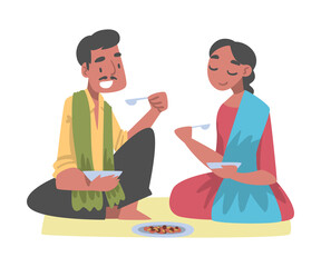 Indian Man and Woman Character Sitting on the Floor with Bowl Having Meal Vector Illustration