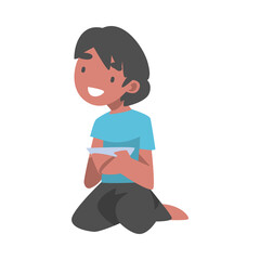 Indian Boy Character Sitting on the Floor with Bowl Having Meal Vector Illustration