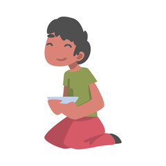 Indian Boy Character Sitting on the Floor with Bowl Having Meal Vector Illustration