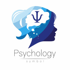 Modern logo Kid Girl head and letter Psi inside brain . Logotype sign of Psychology. Profile Human. Blue color isolated on white. Creative style. Symbol in vector. Design concept.
